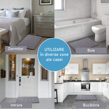 Covor de Baie cu Spuma de Memorie SUPER TRENDS®, Moale, Antiderapant, cu Baza Din Cauciuc Antialunecare, Model Dungi Gri, 50 x 80 cm [6]