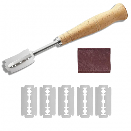Produse - Cutit Pentru Crestarea Painii Profesional SUPER TRENDS®, cu Maner din Lemn, Otel Inoxidabil, 5 Lame, Husa, Argintiu-Maro