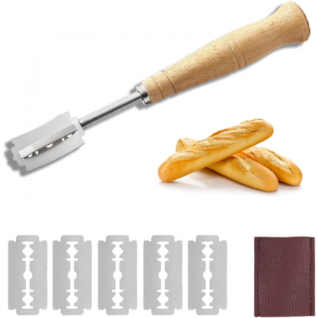 Cutit Pentru Crestarea Painii Profesional SUPER TRENDS®, cu Maner din Lemn, Otel Inoxidabil, 5 Lame, Husa, Argintiu-Maro [2]