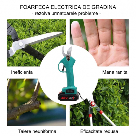 Foarfeca Electrica pentru Gradinarit Profesionala, SUPER TRENDS®, 2 Acumulatori 48V, cu Lama din Otel Carbon, Baterie 9700mAh, Valiza de Transport si Accesorii [6]