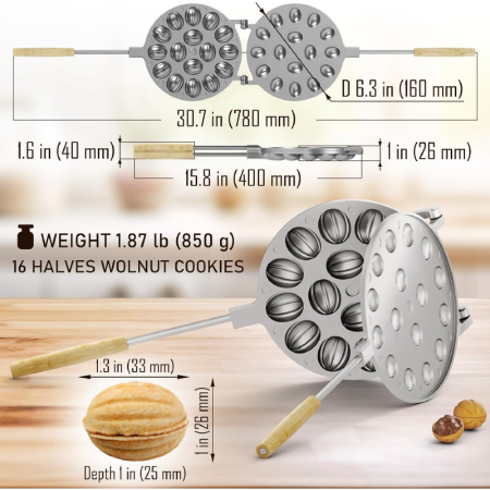 Forma de Copt cu 16 Orificii Pentru Prajituri in Forma de Nuca SUPER TRENDS®, Manere Din Lemn, Diametru 16 cm, Aluminiu, Gri [6]