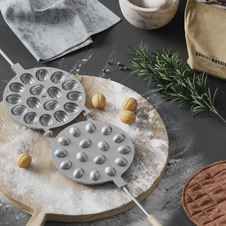 Forma de Copt cu 16 Orificii Pentru Prajituri in Forma de Nuca SUPER TRENDS®, Manere Din Lemn, Diametru 16 cm, Aluminiu, Gri [5]