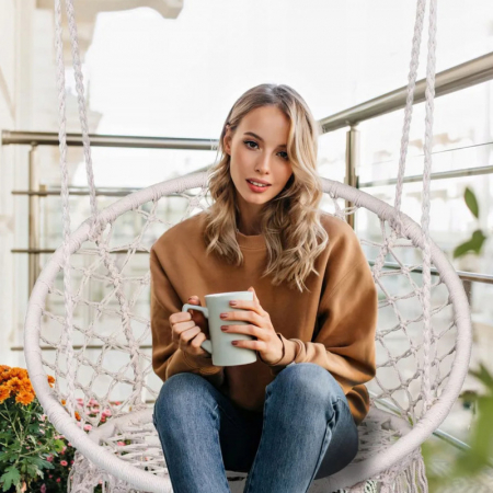 Fotoliu Tip Balansoar Suspendat SUPER TRENDS®, Premium, Greutate Suportata 150 kg, Cadru Cercuri Metalice, Perna, Bej [3]