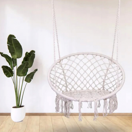 Fotoliu Tip Balansoar Suspendat SUPER TRENDS®, Premium, Greutate Suportata 150 kg, Cadru Cercuri Metalice, Perna, Bej [5]