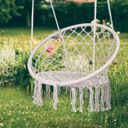 Fotoliu Tip Balansoar Suspendat SUPER TRENDS®, Premium, Greutate Suportata 150 kg, Cadru Cercuri Metalice, Perna, Bej [4]