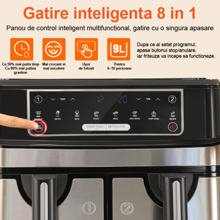 Friteuza Dubla Airfryer Fara Ulei Premium SUPER TRENDS®, Capacitate 9L, Putere 2000 W, Tehnologie Smart Chef cu 8 Programe Prestabilite + CADOU Razatoare 14 in 1 [7]