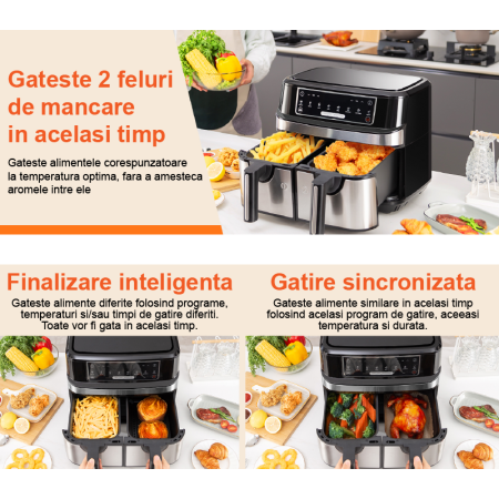 Friteuza Dubla Airfryer Fara Ulei Premium SUPER TRENDS®, Capacitate 9L, Putere 2000 W, Tehnologie Smart Chef cu 8 Programe Prestabilite + CADOU Razatoare 14 in 1 [8]