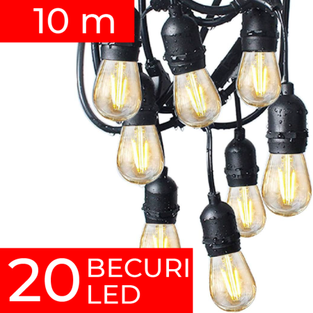 Ghirlanda Stradala Luminoasa Retro SUPER TRENDS®, Lungime 10 M, 20 Becuri LED Incluse, Fasung E27, Interconectare, IP44, Rezistenta la Intemperii, Pentru Terasă, Balcon sau Cort, Lumina Calda [1]