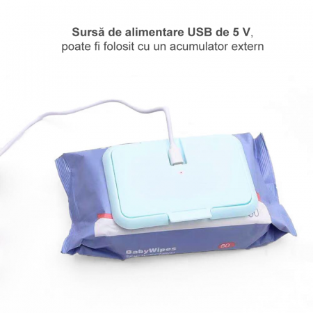 Incalzitor Servetele Umede Pentru Bebelusi Portabil Premium Super Trends®, cu Cablu USB, 12x8 cm, Albastru [1]