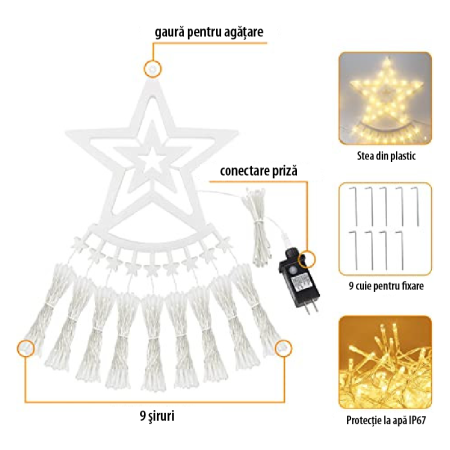 Instalatie Lumini Craciun Tip Perdea SUPER TRENDS®, cu 350 LED-uri, Multicolora, 8 Moduri de Iluminare, cu Telecomanda, cu Stea si 9 Fire, pentru Brad, IP67, Lungime 3,5 m [2]