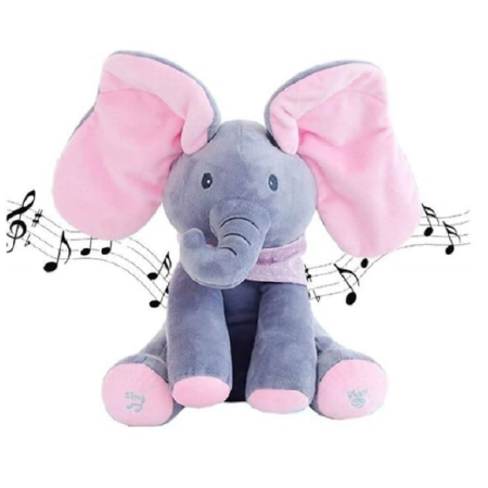 Articole Copii - Jucarie Interactiva Muzicala Elefant de Plus pentru Copii 2+ SUPER TRENDS®, Canta Cucu-Bau, cu Urechi Miscatoare, Animal de Plus Moale, 30 cm