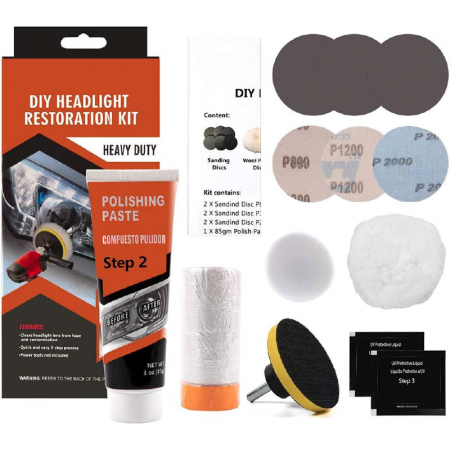 Kit Complet Restaurare Faruri Masina Profesional SUPER TRENDS®, cu Bureti, Pasta Lustruire, Hartie Abraziva si Lichid Protectie, Compatibil Bormasina, 2 Faruri [10]