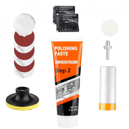 Produse - Kit Complet Restaurare Faruri Masina Profesional SUPER TRENDS®, cu Bureti, Pasta Lustruire, Hartie Abraziva si Lichid Protectie, Compatibil Bormasina, 2 Faruri