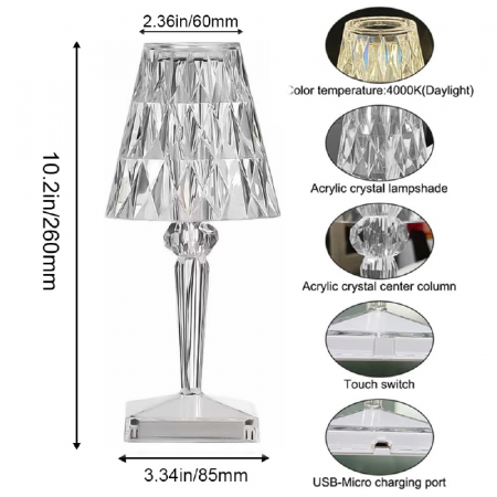 Lampa de Masa Cristal LED Premium SUPER TRENDS®, Tactila, Schimbare Culori in 3 Moduri, Reincarcabila, Acril, Design modern, Inaltime 26 cm [1]