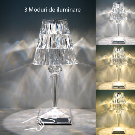 Lampa de Masa Cristal LED Premium SUPER TRENDS®, Tactila, Schimbare Culori in 3 Moduri, Reincarcabila, Acril, Design modern, Inaltime 26 cm [3]