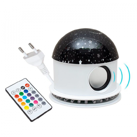 Articole Copii - Lampa de Veghe, Proiector de Lumina de Noapte cu Luna si Stele Premium SUPER TRENDS®, Bluetooth, Rotatie 360°, Telecomanda si Difuzor, Alb
