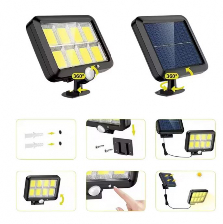 Lampa Solara LED Premium SUPER TRENDS® Cu Telecomanda, Ajustabila, Senzor De Miscare Si Lumina, Baterie Inclusa 1200 mAh, 260 LM, 120 COB LED, Lungime Cablu 5 Metri, Rezistenta La Apa, Negru [1]