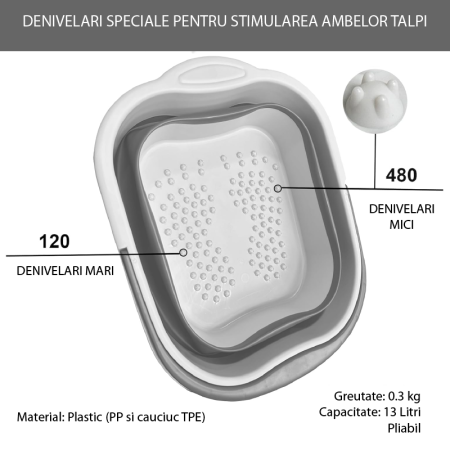 Lighean Pliabil Pentru Baie de Picioare SUPER TRENDS®, 13 L, Pedichiura, Masaj si Ingrijire, cu Maner, Usor de Curatat, cu Puncte de Presiune, Reflexoterapie, 43 x 33.5 x 22cm, Gri [3]