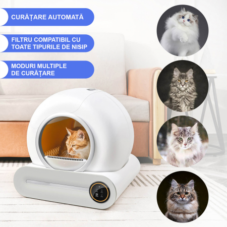 Litiera Inteligenta Premium SUPER TRENDS®, Pentru Pisici, Sistem Auto Curatare, Sterilizare Automata UV, Senzori Ambientali Deep-Clean, 9L, Alba [3]