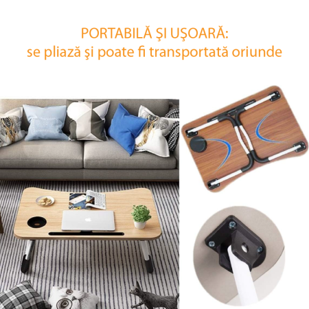 Masa Pliabila Multifunctionala Laptop SUPER TRENDS®, Din Lemn, cu Suport Pentru Pahar si Tableta, Ideala Pentru Pat, Birou, Mic Dejun, Studiu, 60 x 40 x 28 cm [7]
