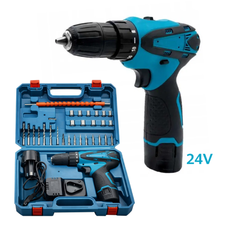 Scule & Unelte Bricolaj - Masina de Gaurit si Insurubat SUPER TRENDS®, 2 Acumulatori Li-Ion 24 V, Set 34 Accesorii, Valiza Transport, Mandrina Automata, Albastru, Negru