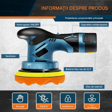 Masina de Polisat Auto cu Accesorii SUPER TRENDS®, 2 Acumulatori 12V, 8 Viteze, 5500 RPM, 4 Bureti, Albastru-Negru [6]