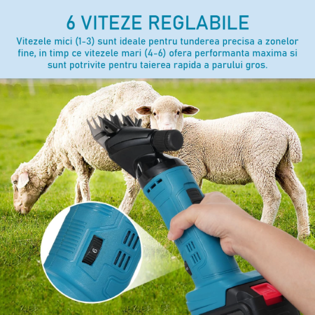 Masina de Tuns Oi Electrica SUPER TRENDS® Profesionala, 6 Viteze, 2 Acumulatori de 48V, Utila si Pentru Alte Animale, Geanta Transport, Albastru, Negru [6]