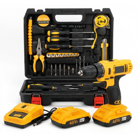 Scule & Unelte Bricolaj - Masina Electrica de Gaurit si Insurubat Fara Fir SUPER TRENDS®, 30 Accesorii Incluse, Reglare Cuplu, 2 Acumulatori 48 V, Galben-Negru