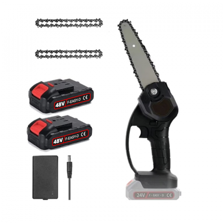 Mini Drujba Tip Fierastrau cu Lant Electric Portabil Profesional SUPER TRENDS®, 2 Lanturi 6 inch, 2 Acumulatori 48V, Autonomie 4 Ore, 2 Manusi, Negru [1]