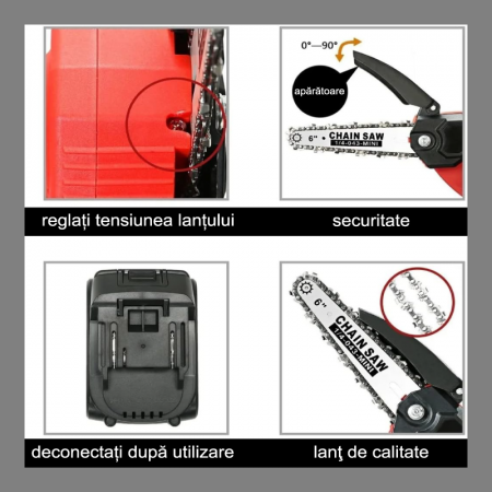 Mini Drujba Tip Fierastrau cu Lant Electric Portabil Profesional SUPER TRENDS®, 2 Lanturi 6 inch, 2 Acumulatori 48V, Autonomie 4 Ore, 2 Manusi, Negru [6]
