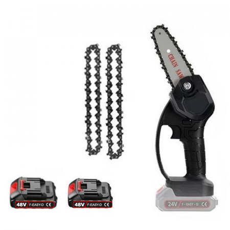 Mini Drujba Tip Fierastrau cu Lant Electric Portabil Profesional SUPER TRENDS®, 2 Lanturi 6 inch, 2 Acumulatori 48V, Autonomie 4 Ore, 2 Manusi, Negru [2]