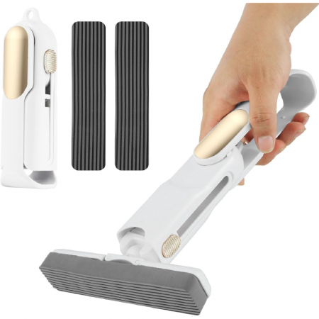 Mini Mop Portabil si Pliabil cu Stoarcere Automata Premium SUPER TRENDS®, Spalare Umeda si Uscata, Burete de Inalta Calitate, Potrivit Pentru Geamuri, Blaturi, Bucatarii, Bai, 2 Bureti Inclusi, Alb-Au [3]