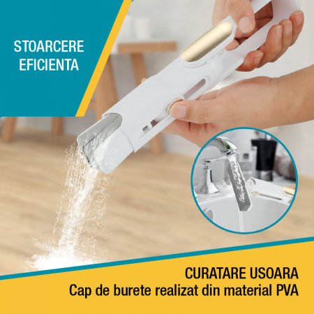 Mini Mop Portabil si Pliabil cu Stoarcere Automata Premium SUPER TRENDS®, Spalare Umeda si Uscata, Burete de Inalta Calitate, Potrivit Pentru Geamuri, Blaturi, Bucatarii, Bai, 2 Bureti Inclusi, Alb-Au [4]