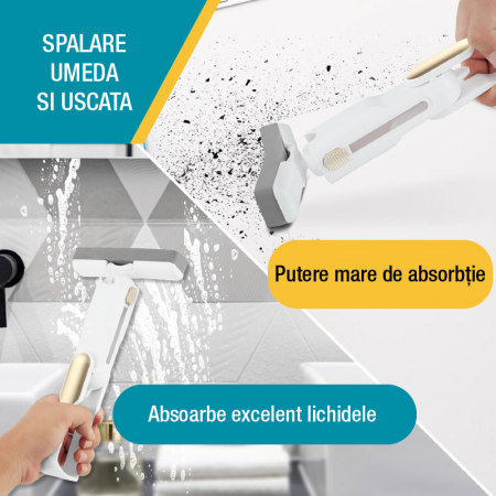 Mini Mop Portabil si Pliabil cu Stoarcere Automata Premium SUPER TRENDS®, Spalare Umeda si Uscata, Burete de Inalta Calitate, Potrivit Pentru Geamuri, Blaturi, Bucatarii, Bai, 2 Bureti Inclusi, Alb-Au [6]