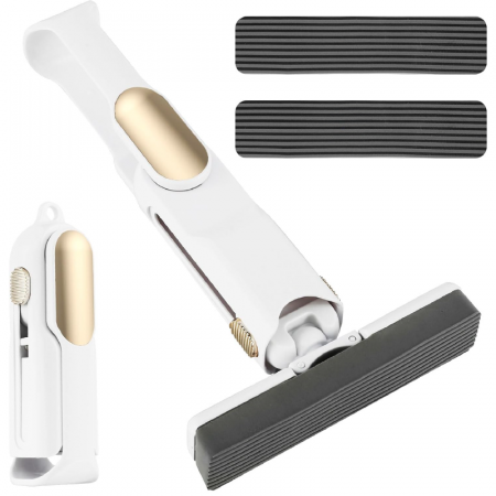 Mini Mop Portabil si Pliabil cu Stoarcere Automata Premium SUPER TRENDS®, Spalare Umeda si Uscata, Burete de Inalta Calitate, Potrivit Pentru Geamuri, Blaturi, Bucatarii, Bai, 2 Bureti Inclusi, Alb-Au [1]