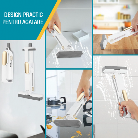Mini Mop Portabil si Pliabil cu Stoarcere Automata Premium SUPER TRENDS®, Spalare Umeda si Uscata, Burete de Inalta Calitate, Potrivit Pentru Geamuri, Blaturi, Bucatarii, Bai, 2 Bureti Inclusi, Alb-Au [2]
