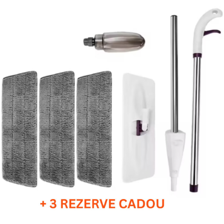 Produse - Mop Plat Spray Pentru Podea cu Pulverizator de Apa SUPER TRENDS®, Cap Rotativ, Maner lung 1.25 m, Alb + 3 REZERVE CADOU
