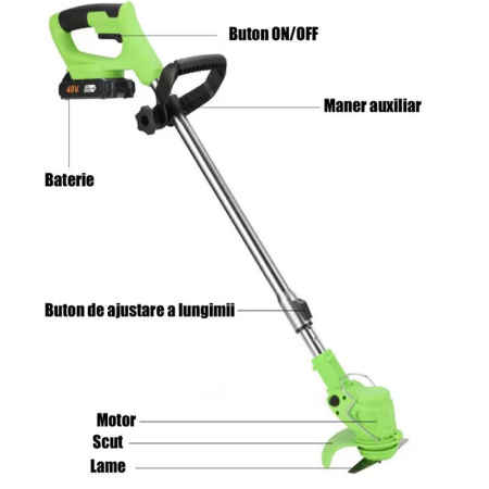 Motocoasa Electrica Profesionala SUPER TRENDS®, 1500W cu 2 Acumulatori 48V, Roti Detasabile si 3 Unghiuri de Taiere, Design Rezistent din ABS si Metal, Verde [3]