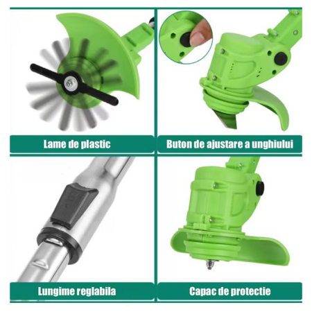 Motocoasa Electrica Profesionala SUPER TRENDS®, 1500W cu 2 Acumulatori 48V, Roti Detasabile si 3 Unghiuri de Taiere, Design Rezistent din ABS si Metal, Verde [4]