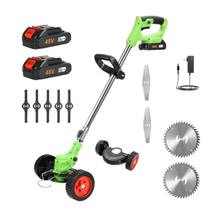 Scule & Unelte Bricolaj - Motocoasa Electrica Profesionala SUPER TRENDS®, 1500W cu 2 Acumulatori 48V, Roti Detasabile si 3 Unghiuri de Taiere, Design Rezistent din ABS si Metal, Verde