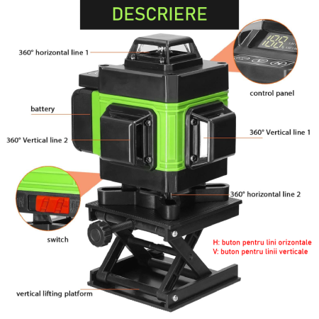 Nivela Laser 4D SUPER TRENDS®, 16 Linii, Auto-Nivelare, Portabila, Trepied, 2 Acumulatori, Negru-Verde [3]