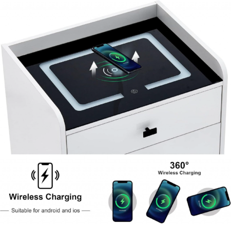 Noptiera Smart Multifunctionala cu 2 Sertare SUPER TRENDS®, Iluminare LED Tactila in 3 Culori, cu Incarcare Wireless Qi si USB, Difuzor Bluetooth Integrat, Din MDF si Sticla Securizata, Gri Decshis, 4 [8]