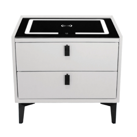 Noptiera Smart Multifunctionala cu 2 Sertare SUPER TRENDS®, Iluminare LED Tactila in 3 Culori, cu Incarcare Wireless Qi si USB, Difuzor Bluetooth Integrat, Din MDF si Sticla Securizata, Gri Decshis, 4 [4]