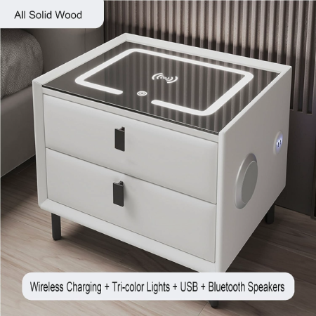 Noptiera Smart Multifunctionala cu 2 Sertare SUPER TRENDS®, Iluminare LED Tactila in 3 Culori, cu Incarcare Wireless Qi si USB, Difuzor Bluetooth Integrat, Din MDF si Sticla Securizata, Gri Decshis, 4 [3]