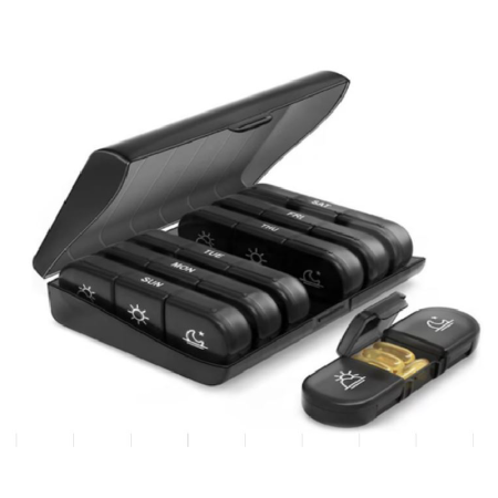 Organizator de Medicamente Saptamanal SUPER TRENDS®, 3 Ori pe Zi, 7 Zile,  Cutie Portabila pentru Pastile, Vitamine, Suplimente, Compartimente Mari, Negru [1]
