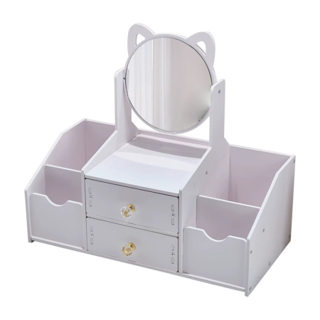 Ingrijire Personala - Organizator de Produse Cosmetice SUPER TRENDS®, cu Oglinda ce se Poate Roti, 2 Sertare, 4 Compartimente, 40x20x33cm, Plastic, Alb