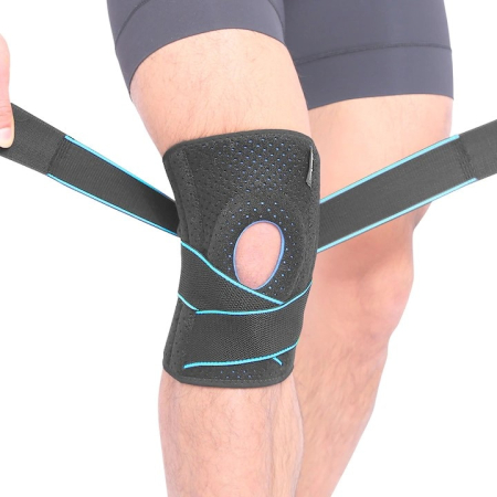 Orteza Genunchi Super Trends® Flexibila Cu Suport Patelara, Orteza De Genunchi Mobila Reglabila, Orteza Mobila Genunchi Cu Bretele De Compresie, Orteza Genunchi Pentru Sustinere Si Recuperare, Orteza Patelara Negru Albastru, Marime Universala [2]