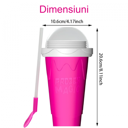 Pahar Magic pentru Slush Premium SUPER TRENDS® 2-in-1 cu Lingura Pai Reutilizabila, 250ml, cu Tehnologie de Inghetare Rapida, Pereti Dubli, Material Silicon Alimentar, Roz [2]