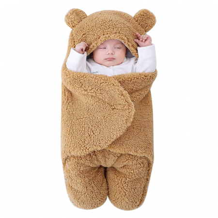 Paturica Pentru Infasat Bebelusi Pufoasa Premium SUPER TRENDS® Bebe 0-3 luni, Calduroasa, cu Urechi de Ursulet, Model Plusat, Beige [1]