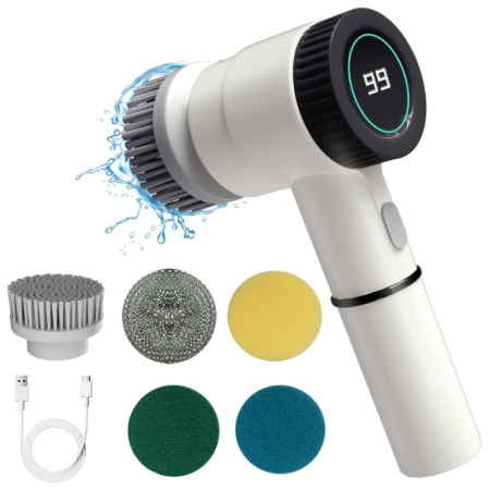 Produse Curatenie - Perie Electrica Rotativa Premium SUPER TRENDS®, Fara Fir, Pentru Curatenie, 5 Capete, 3 Viteze, Incarcare USB, Rezistenta la Apa, Afisaj Digital, Alb